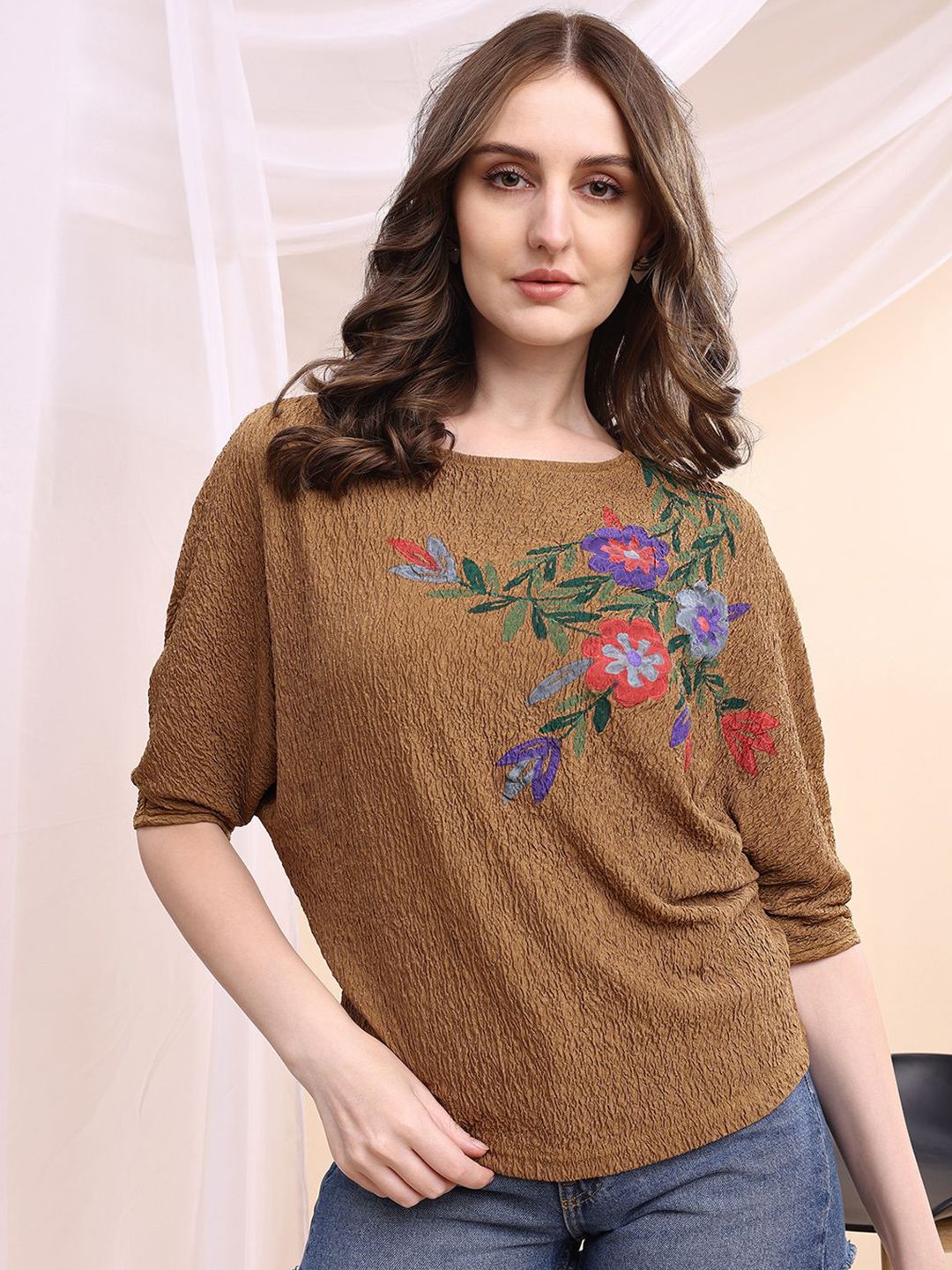 Buy Kinjo Floral Printed Boat Neck Extended Sleeves Scuba Top