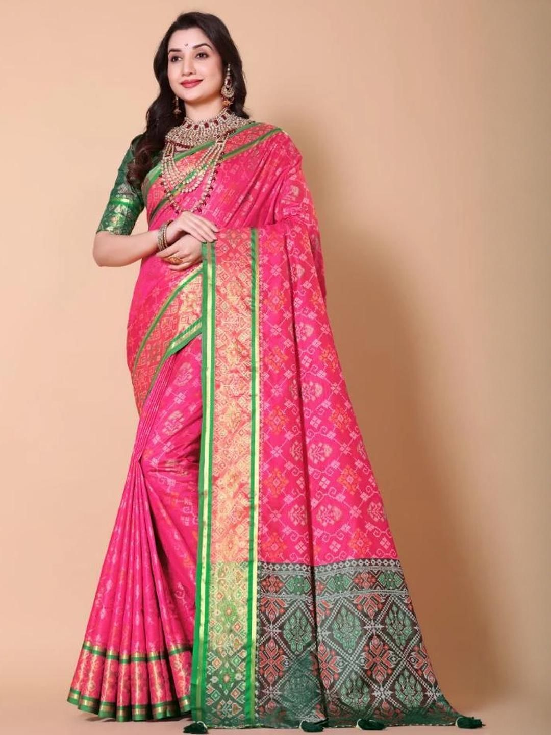 AKSH FASHION Pink Silk Blend  Sarees