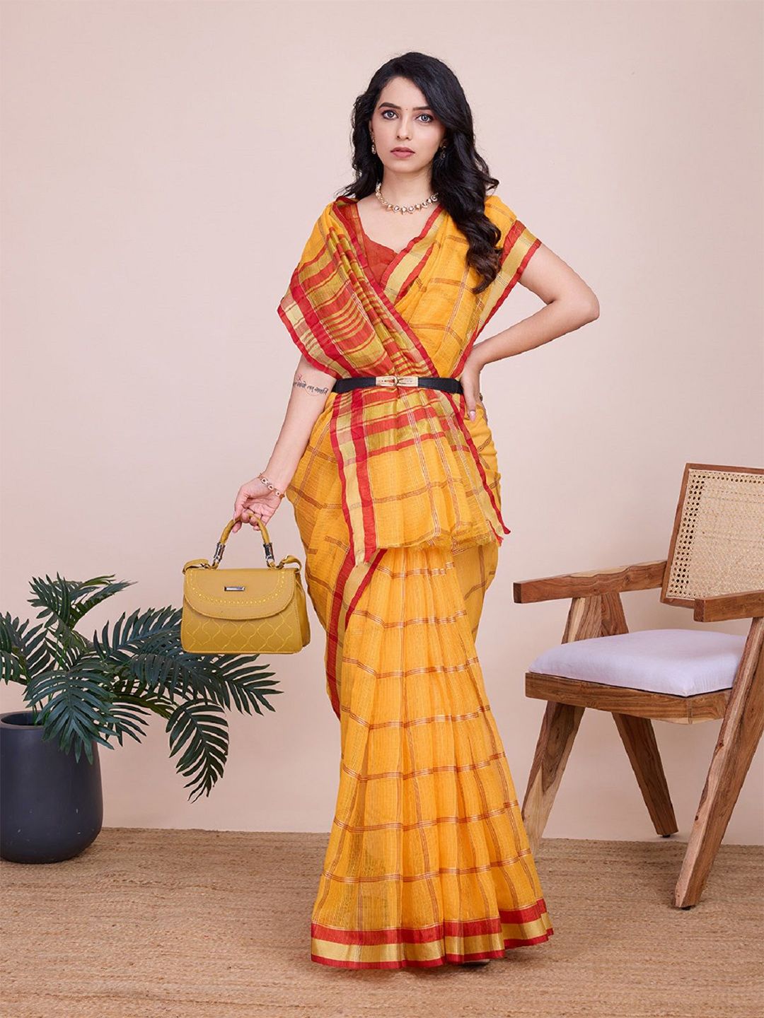 DWIJA FASHION Checked Zari Organza Saree