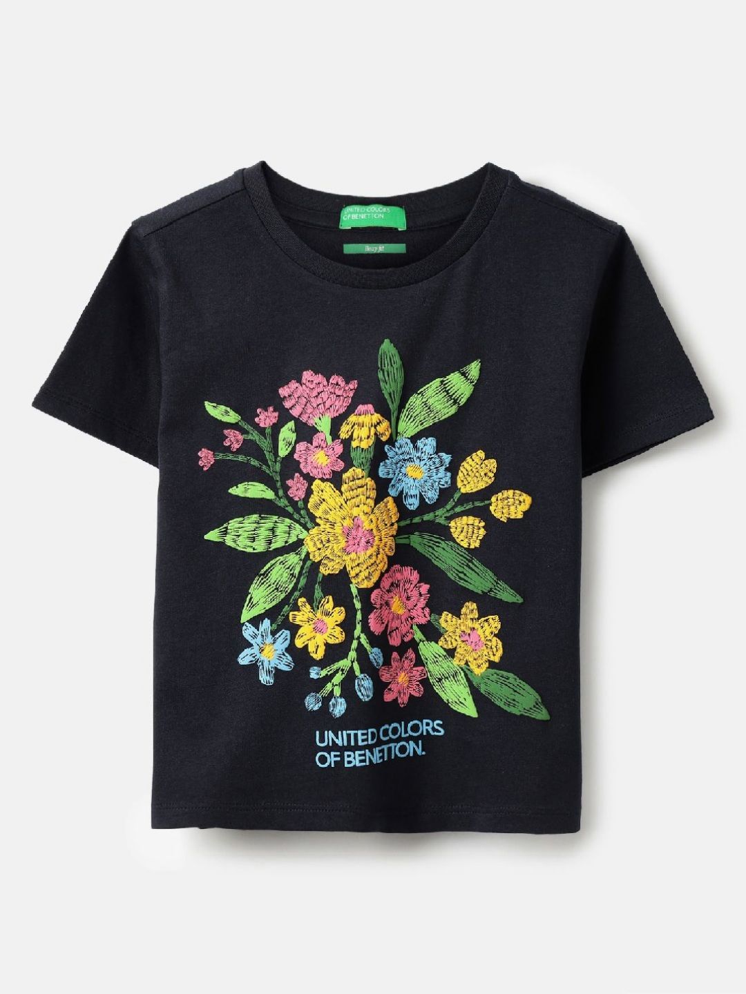 United Colors of Benetton Girls Floral Printed Round Neck Pure Cotton Boxy T-shirt