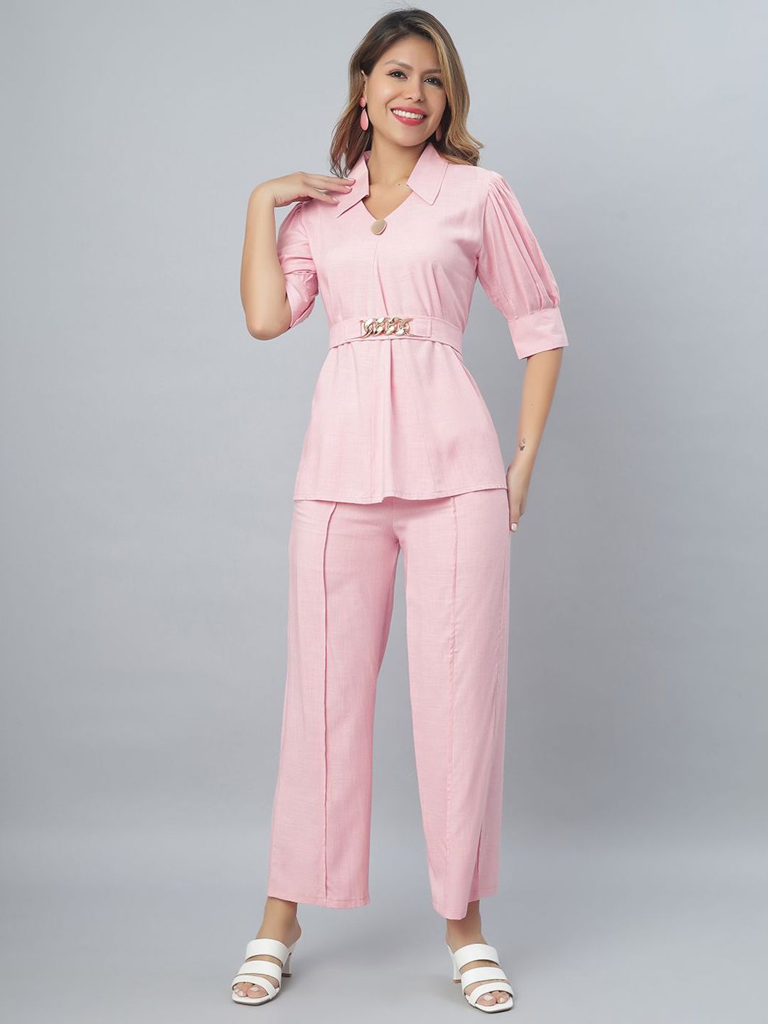 Elara Luxe Women Shirt Collar Belted Top With Trousers Co-Ords