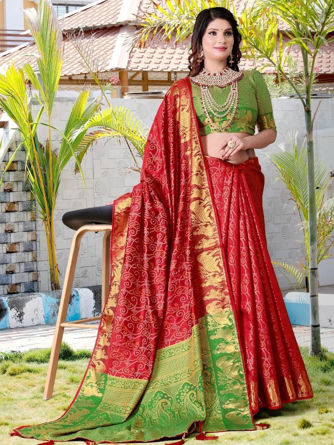 AKSH FASHION Red Silk Blend  Sarees