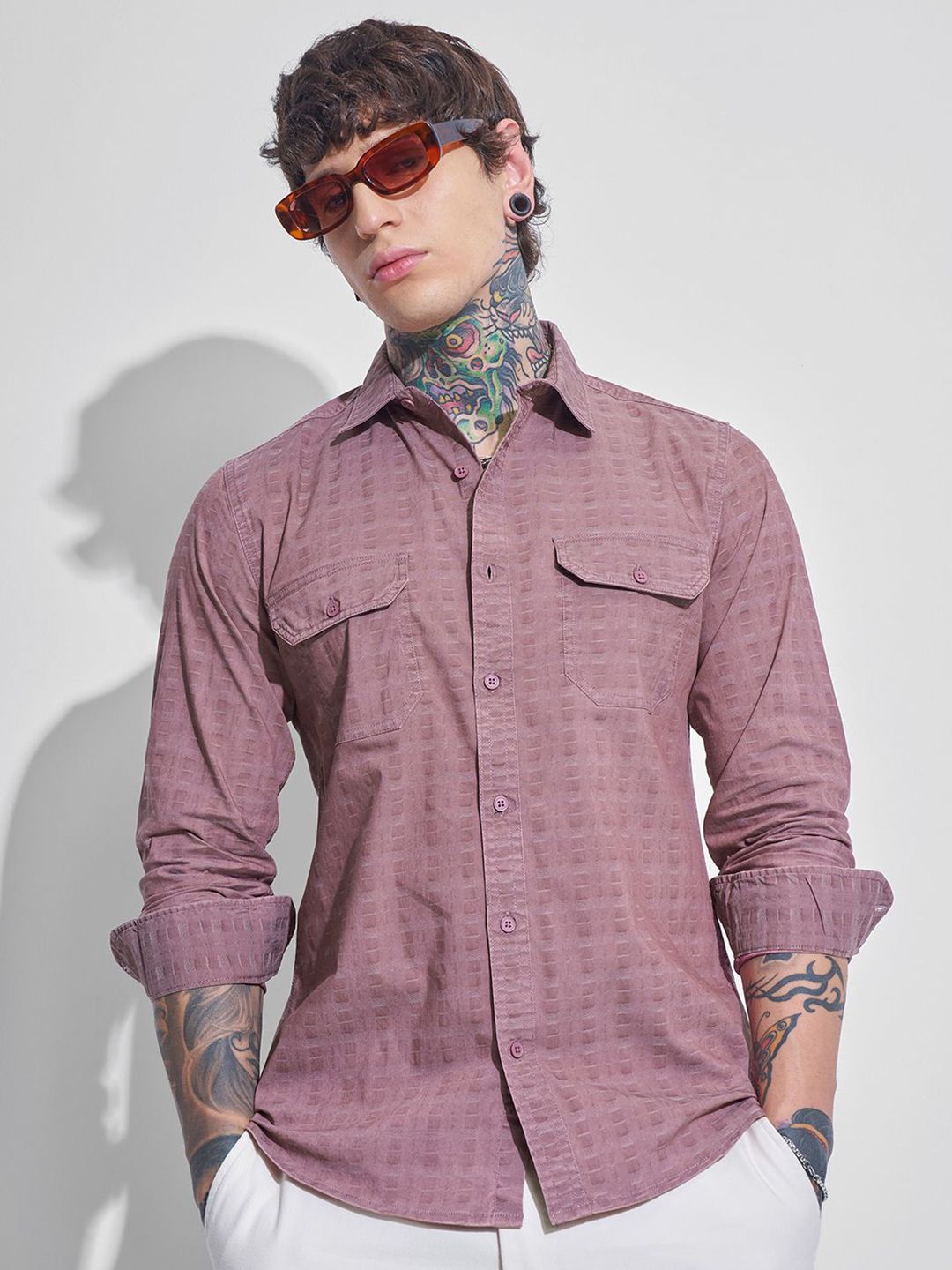 HIGHLANDER Men Slim Fit Textured Spread Collar Casual Shirt