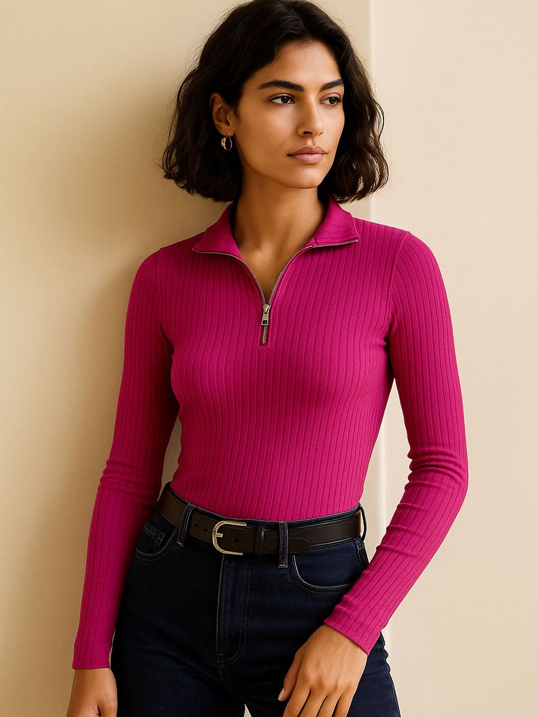 Buy SASSAFRAS Blue Front Zipper Ribbed Top - Tops for Women