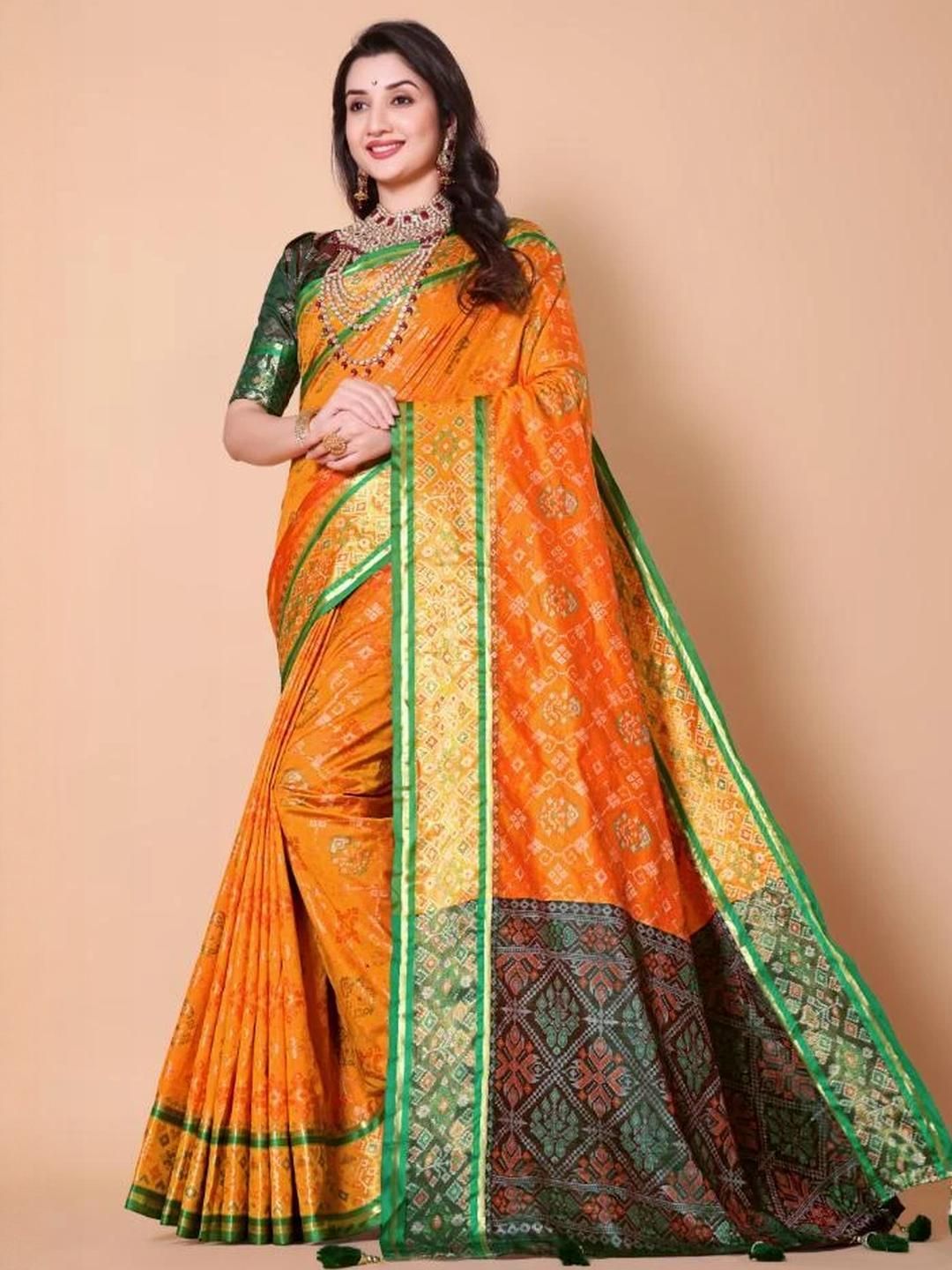 AKSH FASHION Yellow Silk Blend  Sarees