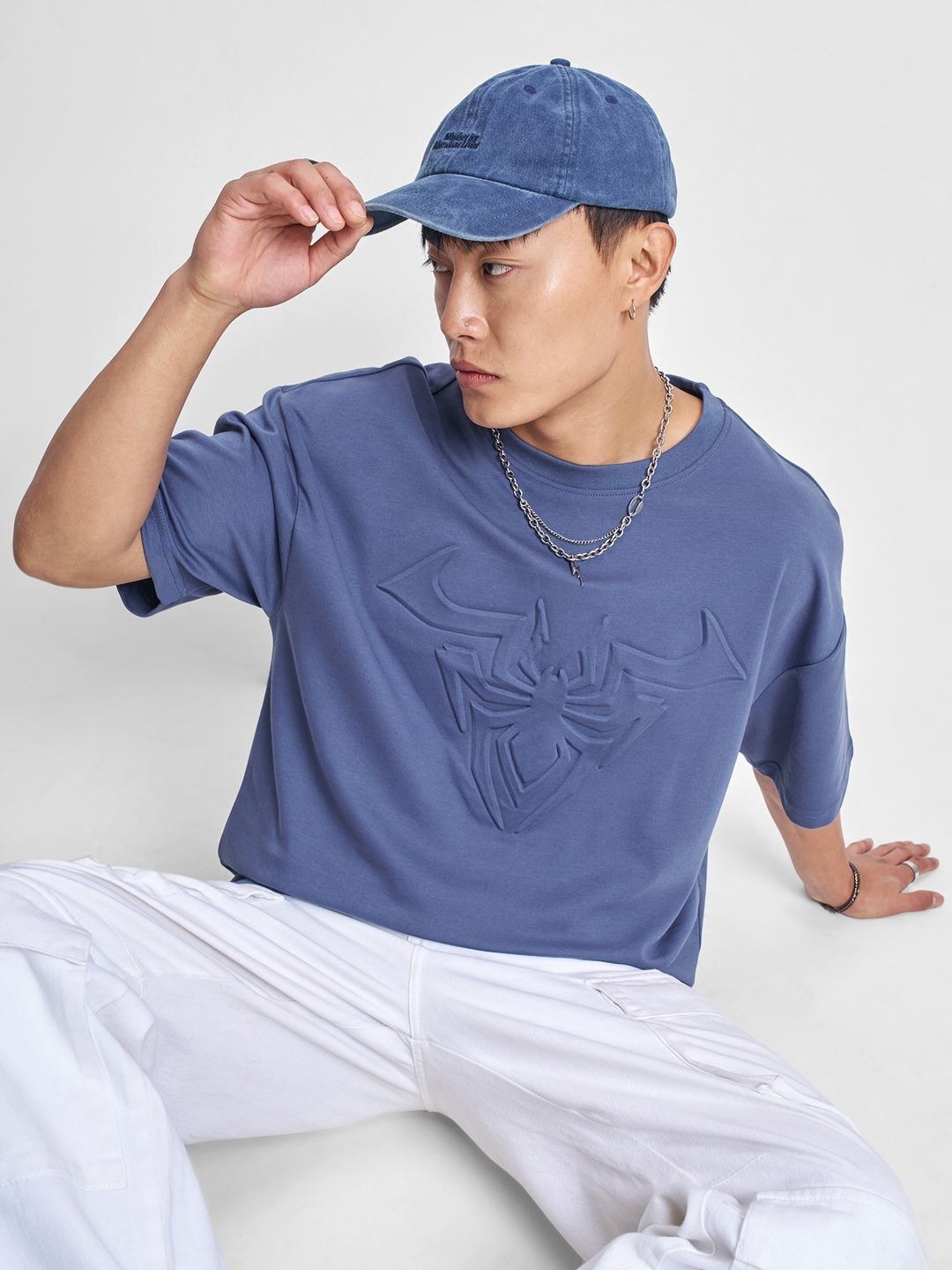 HIGHLANDER Men Spider-Man Self Design Round Neck Oversized T-shirt