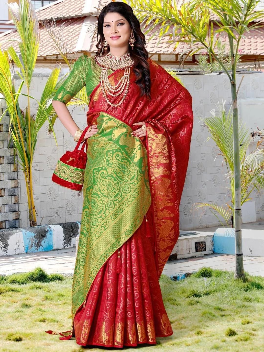 AKSH FASHION Red Silk Blend  Sarees