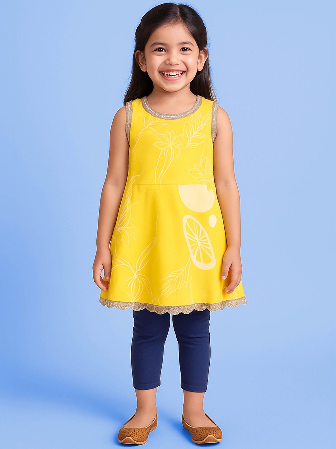KiddoPanti Girls Tribal Printed Regular A-Line Sequinned Pure Cotton Kurta Set