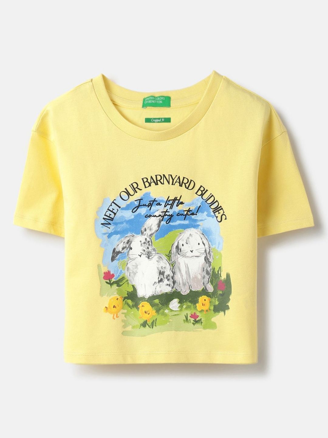 United Colors of Benetton Girls Conversational Printed Round Neck Pure Cotton T-shirt