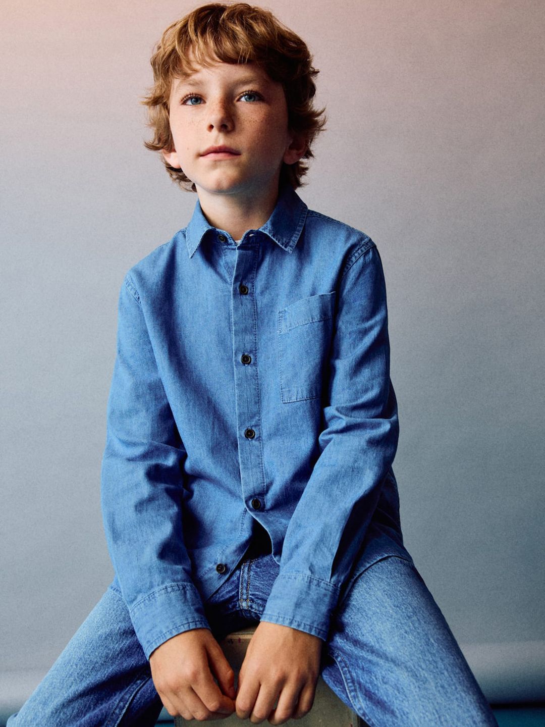 Mango Kids Boys Pure Cotton Longline Denim Shirt