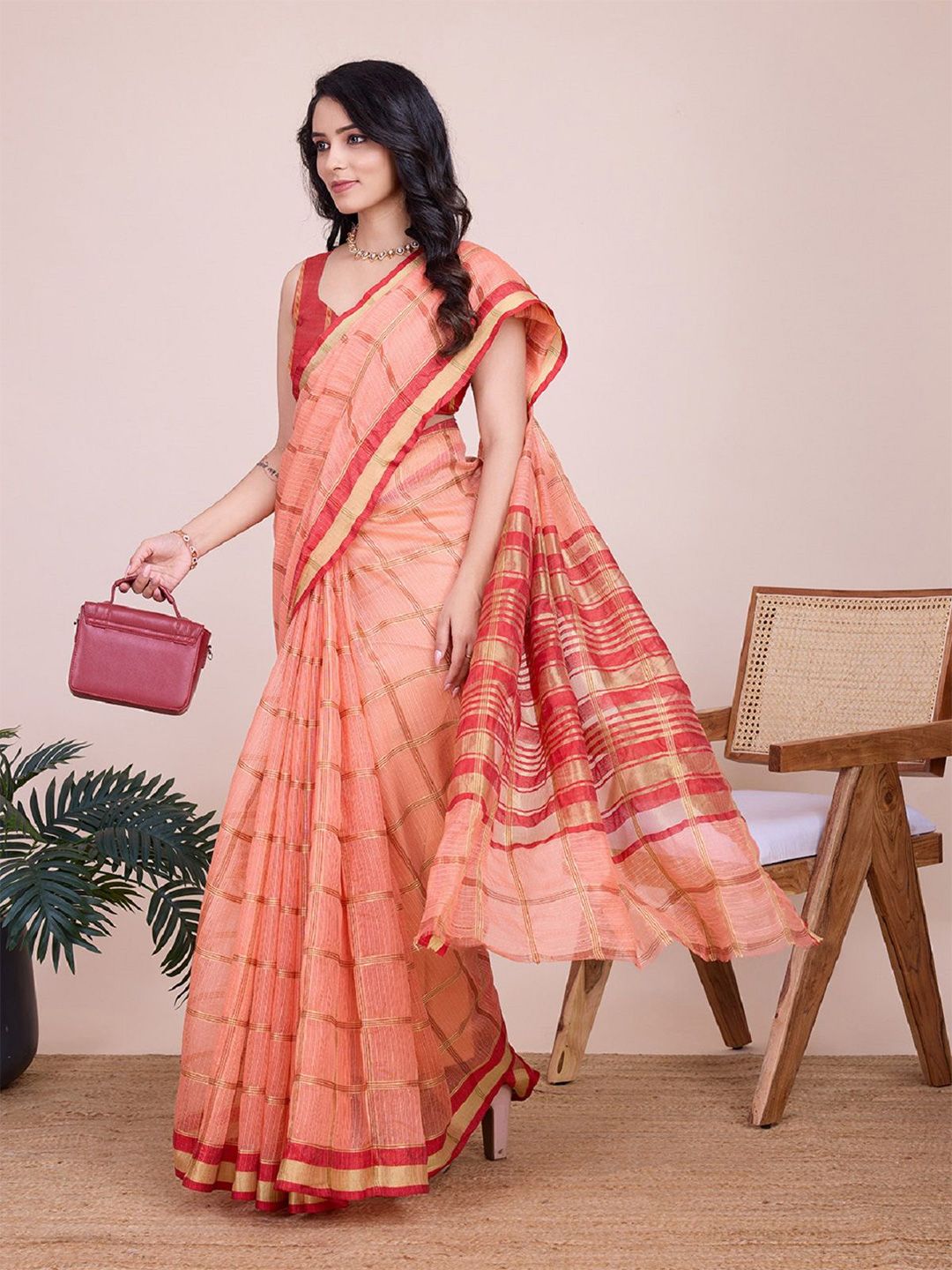 DWIJA FASHION Checked Zari Organza Saree