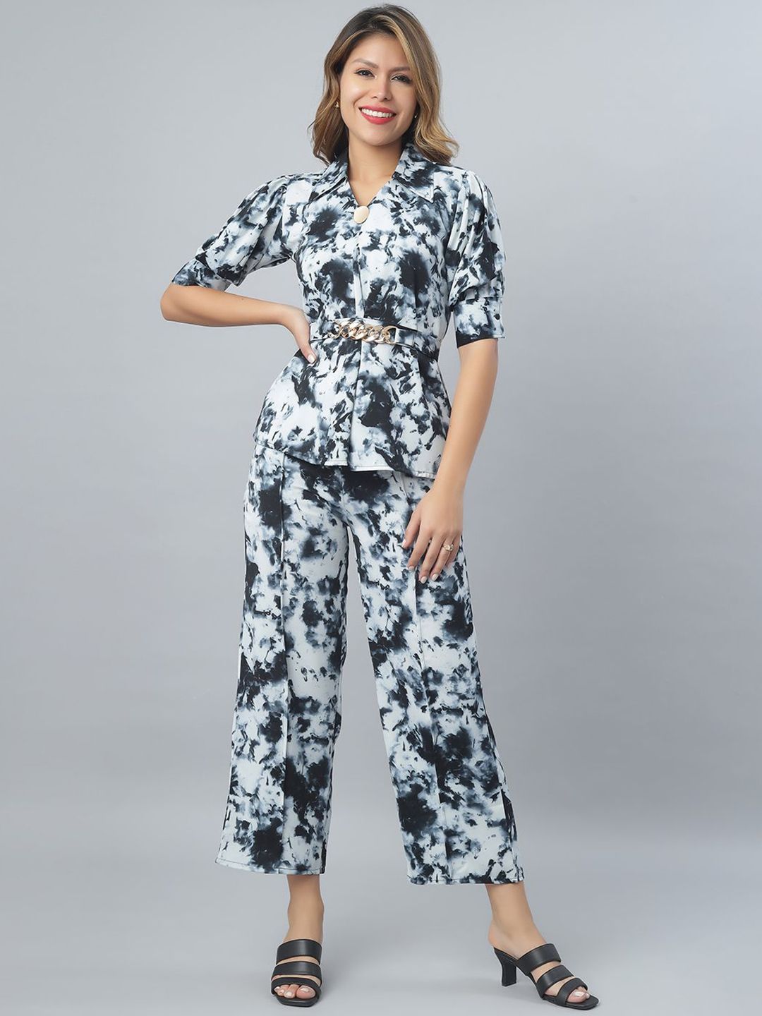Elara Luxe Printed Shirt Collar Top & Palazzos With Belt Co-Ords