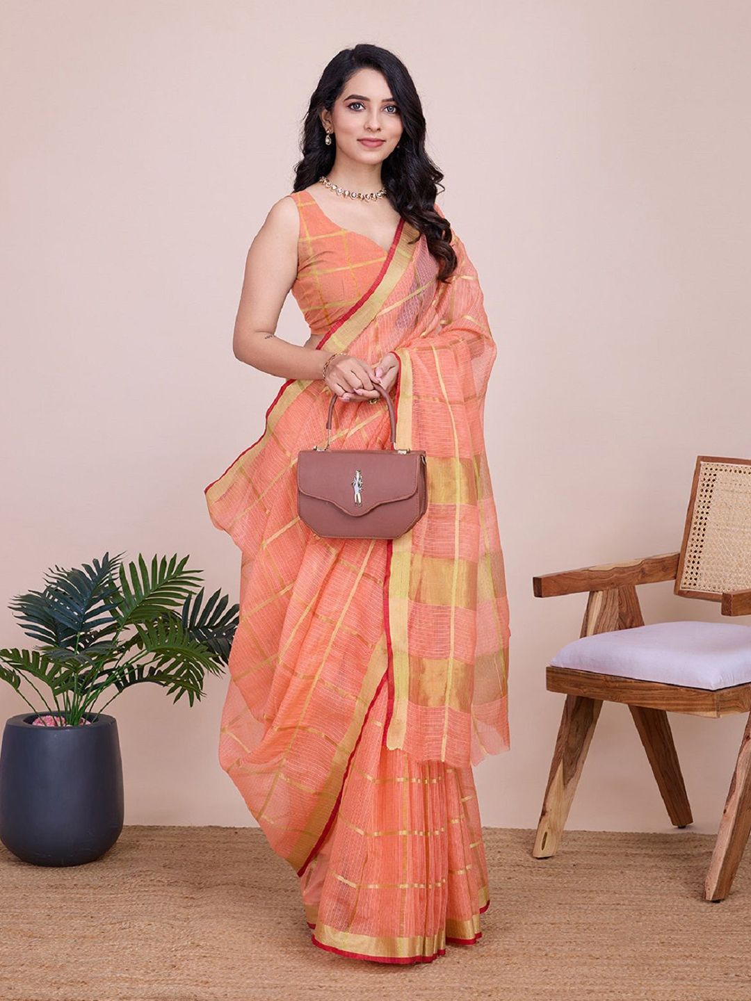 DWIJA FASHION Checked Zari Saree
