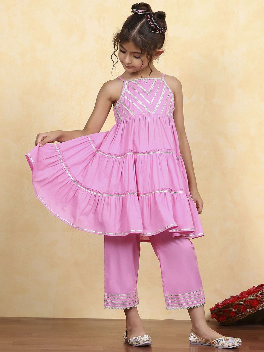 Biba Biba Girls Sleeveless Tiered Gotta Patti Pure Cotton Kurta With Palazzo