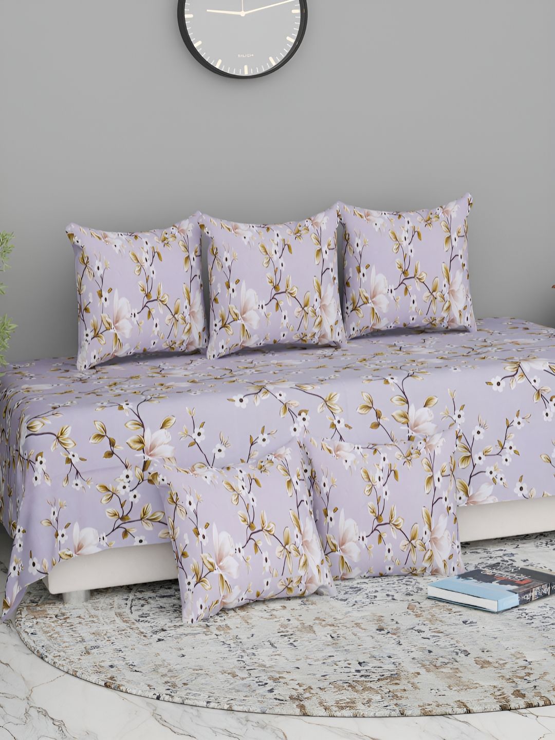Florida Mauve & Green 6 Pieces Floral Printed Microfibre Diwan Set