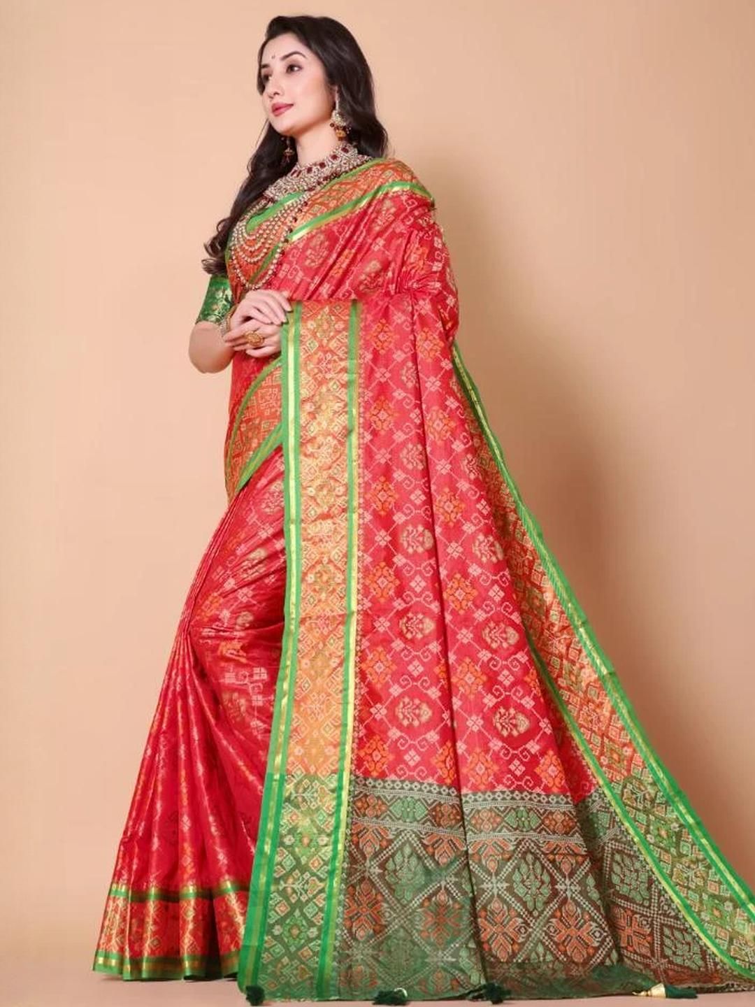 AKSH FASHION Red Silk Blend  Sarees