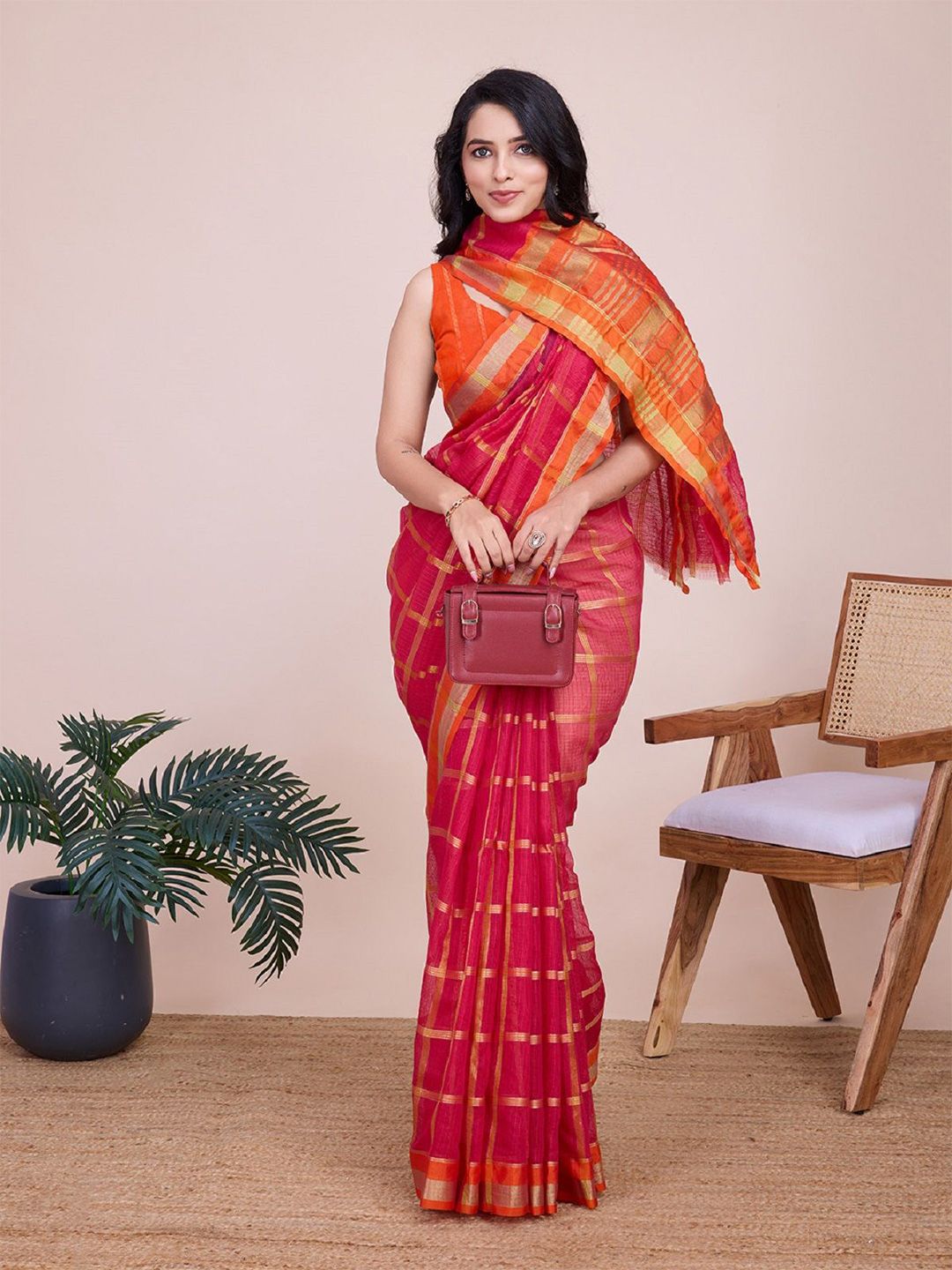 DWIJA FASHION Checked Woven Design Zari Organza Saree