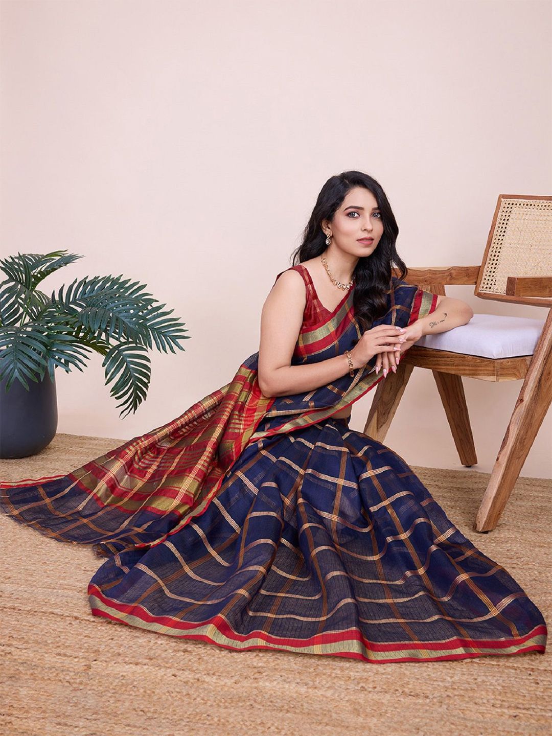 DWIJA FASHION Checked Zari Organza Saree with Blouse Piece