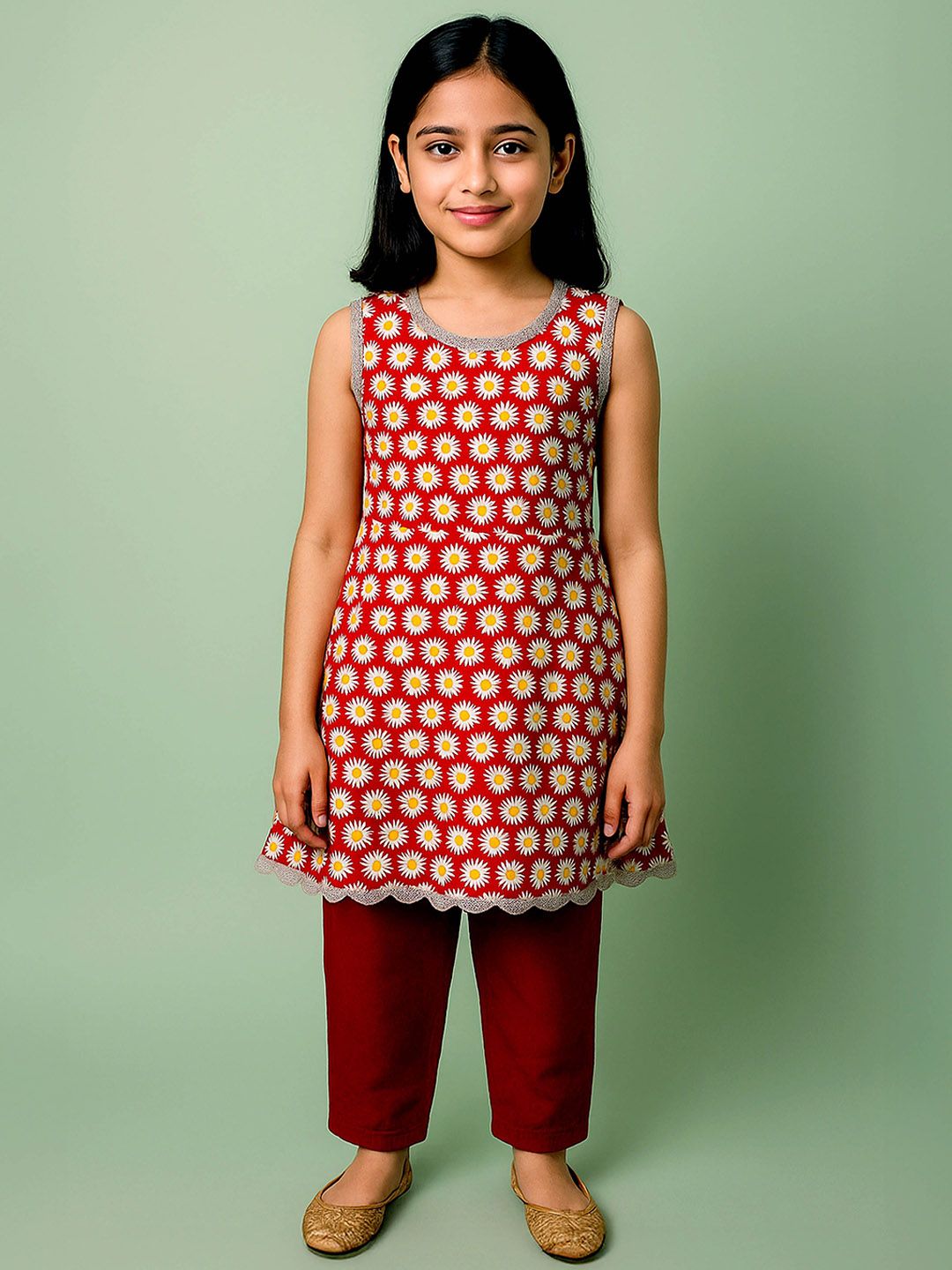 KiddoPanti Girls Floral Printed Regular Sequinned Pure Cotton Kurta with Trousers
