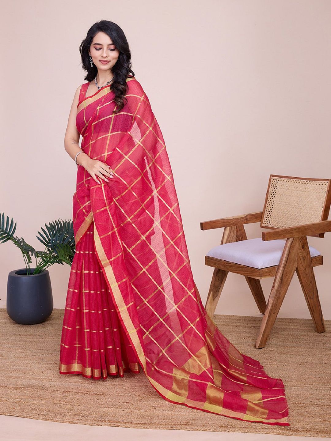 DWIJA FASHION Woven Design Checked Zari Saree