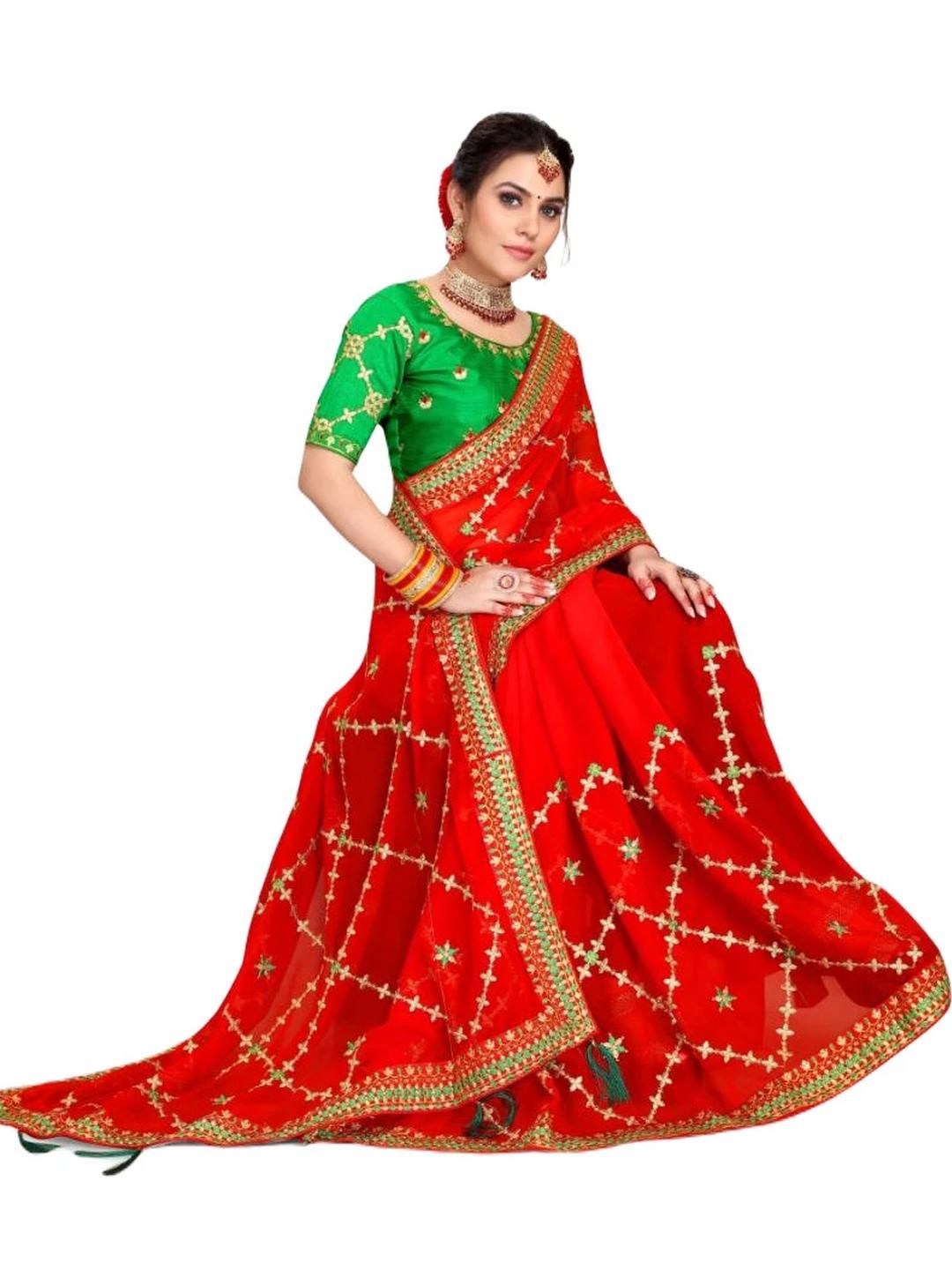 AKSH FASHION Red Poly Georgette  Sarees