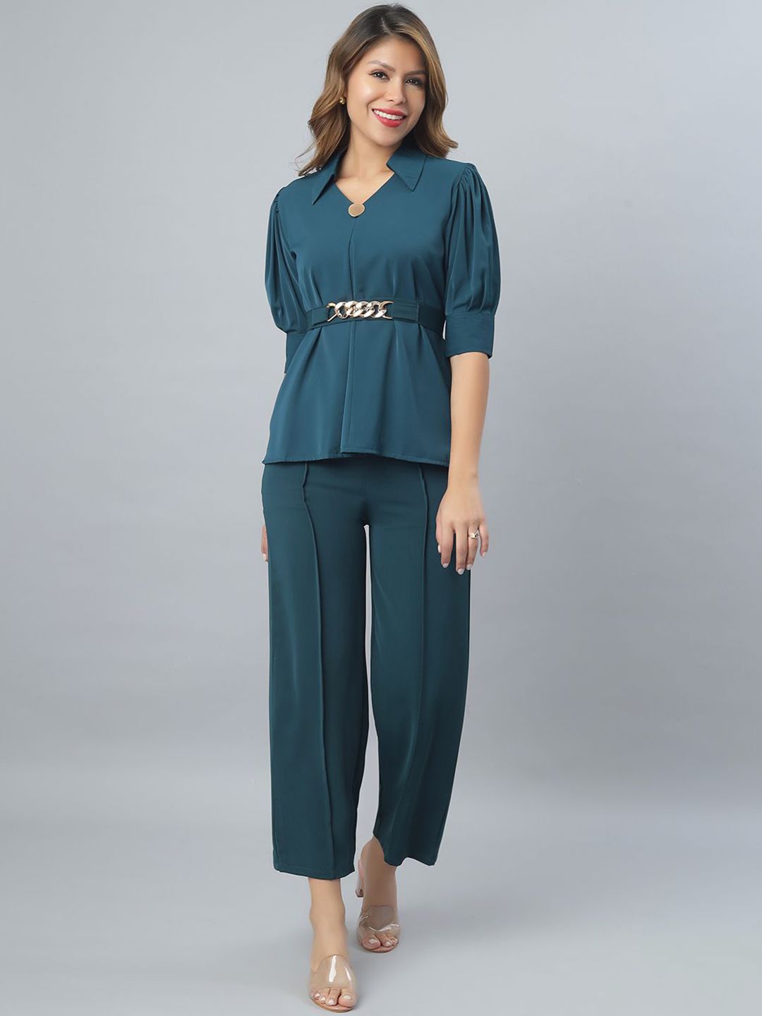 Elara Luxe Shirt Collar Top With Trousers
