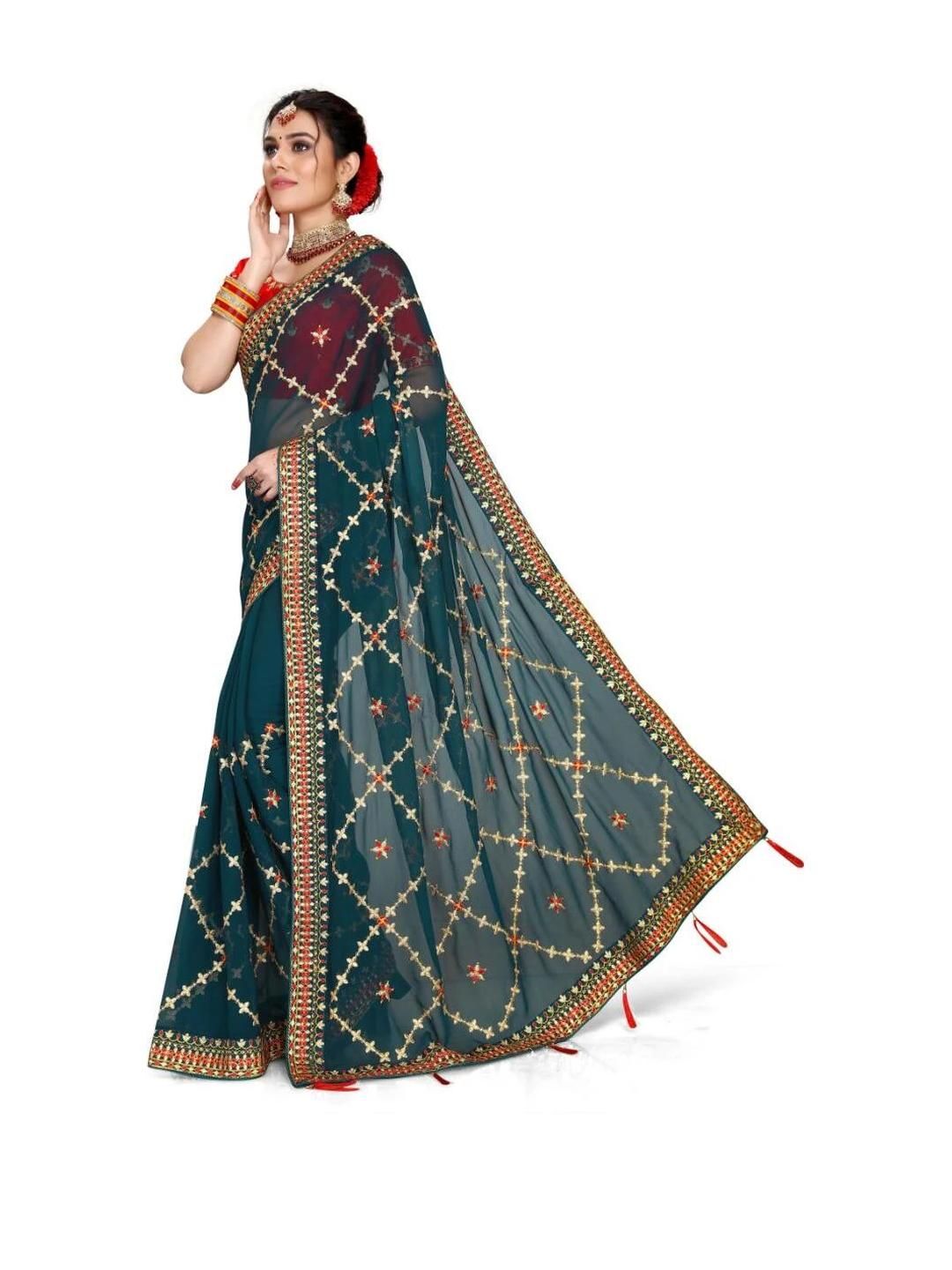 AKSH FASHION Blue Poly Georgette  Sarees