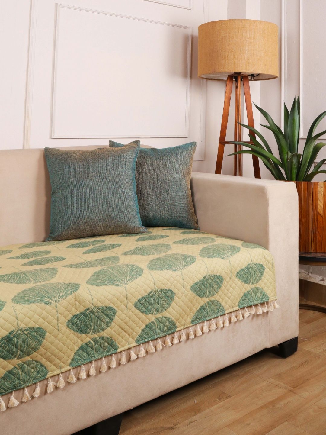 STITCHNEST Green & Beige Leaf Printed Velvet Straight 1 Seater Sofa Cover