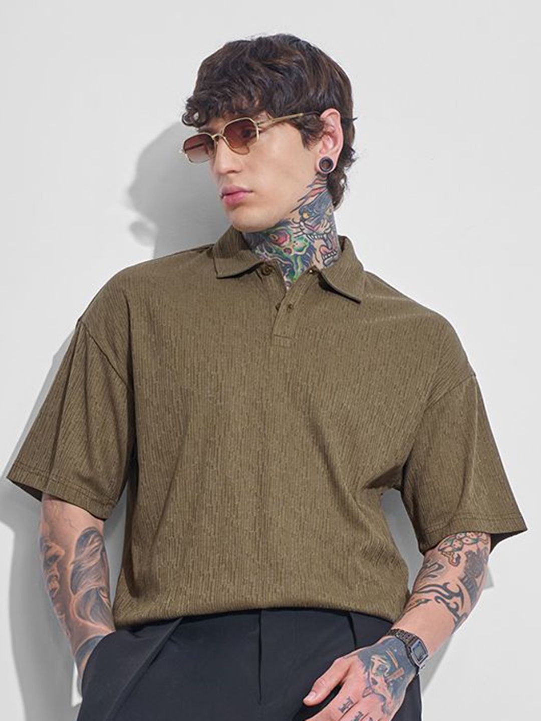 HIGHLANDER Men Self Design Polo Collar Oversized T-shirt