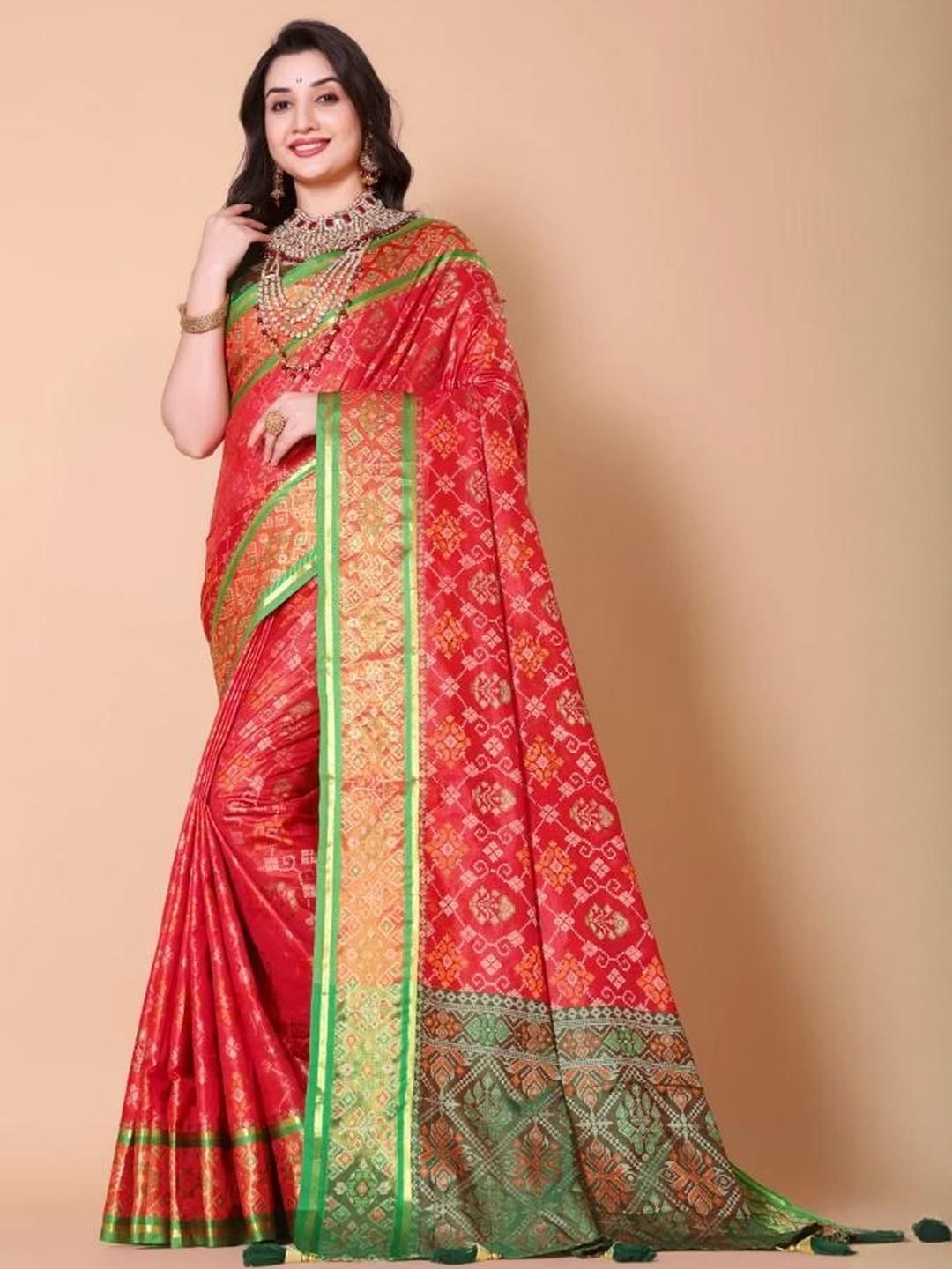 AKSH FASHION Red Silk Blend  Sarees