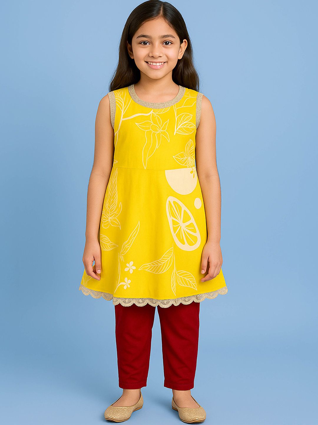 KiddoPanti Girls Floral Printed Round Neck Sequinned Pure Cotton Kurta With Pyjamas