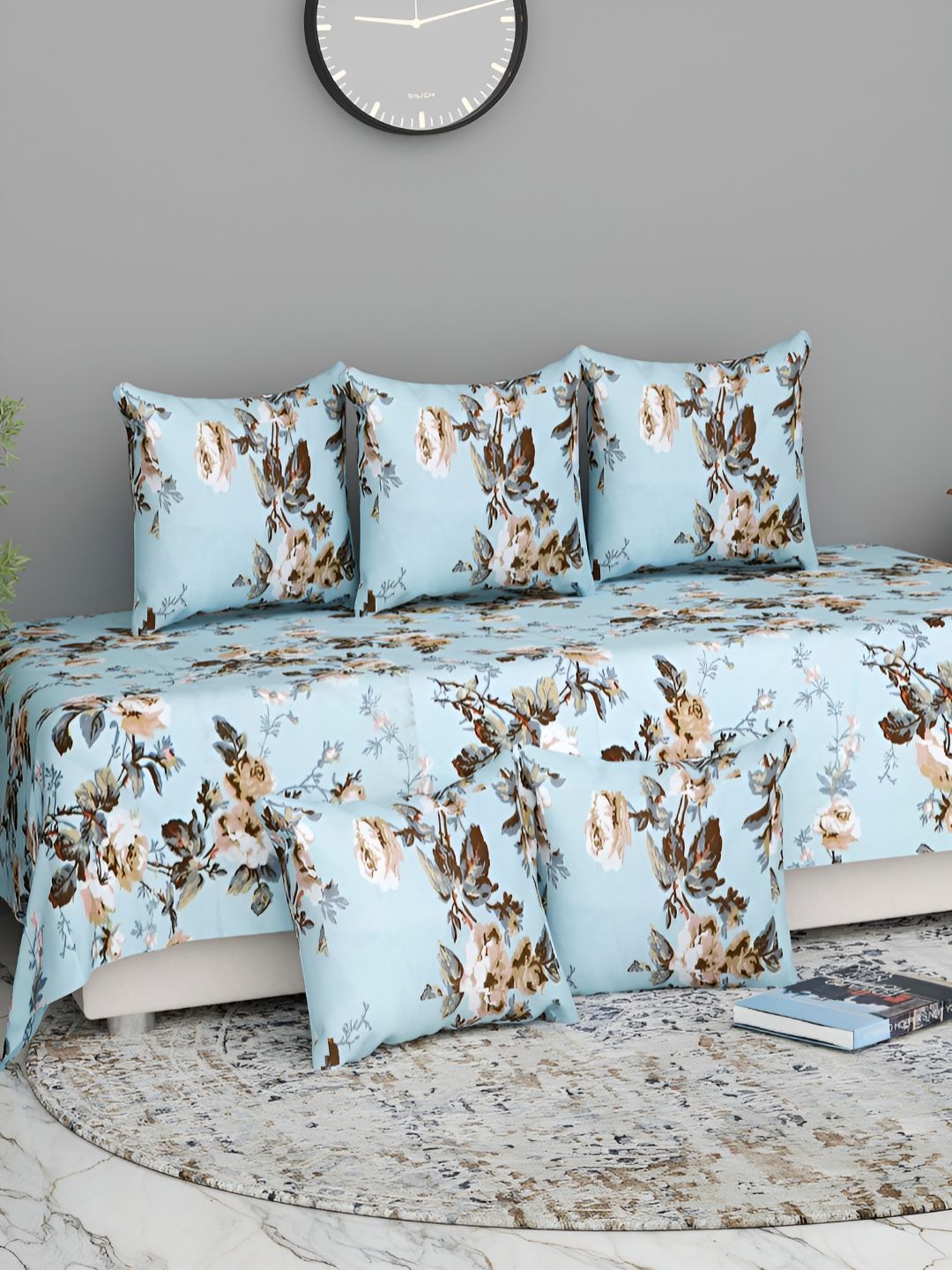 Florida Blue & Brown 6 Pieces Floral Printed Microfibre Diwan Set