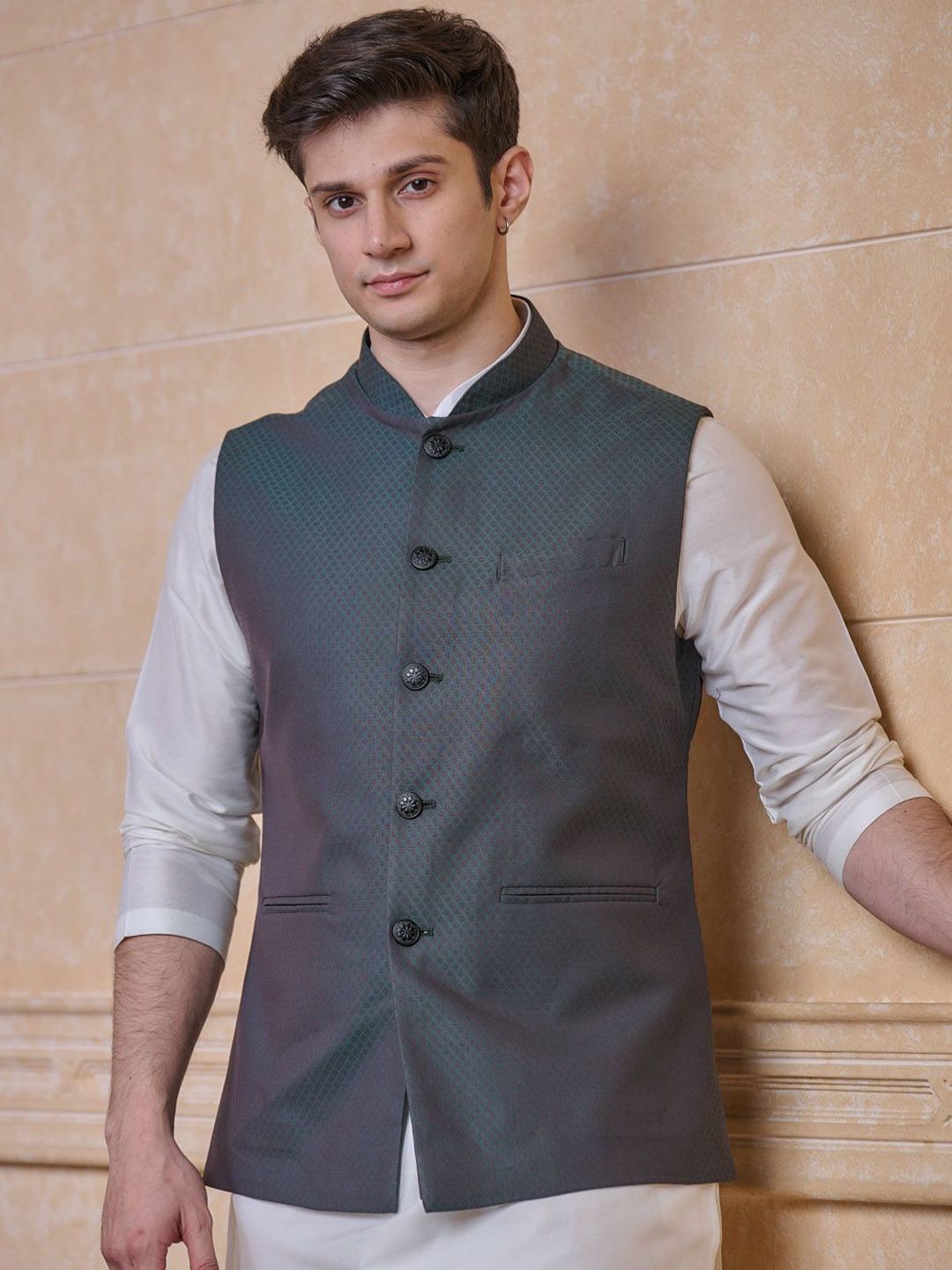 Tasva Checked Woven Design Nehru Jacket