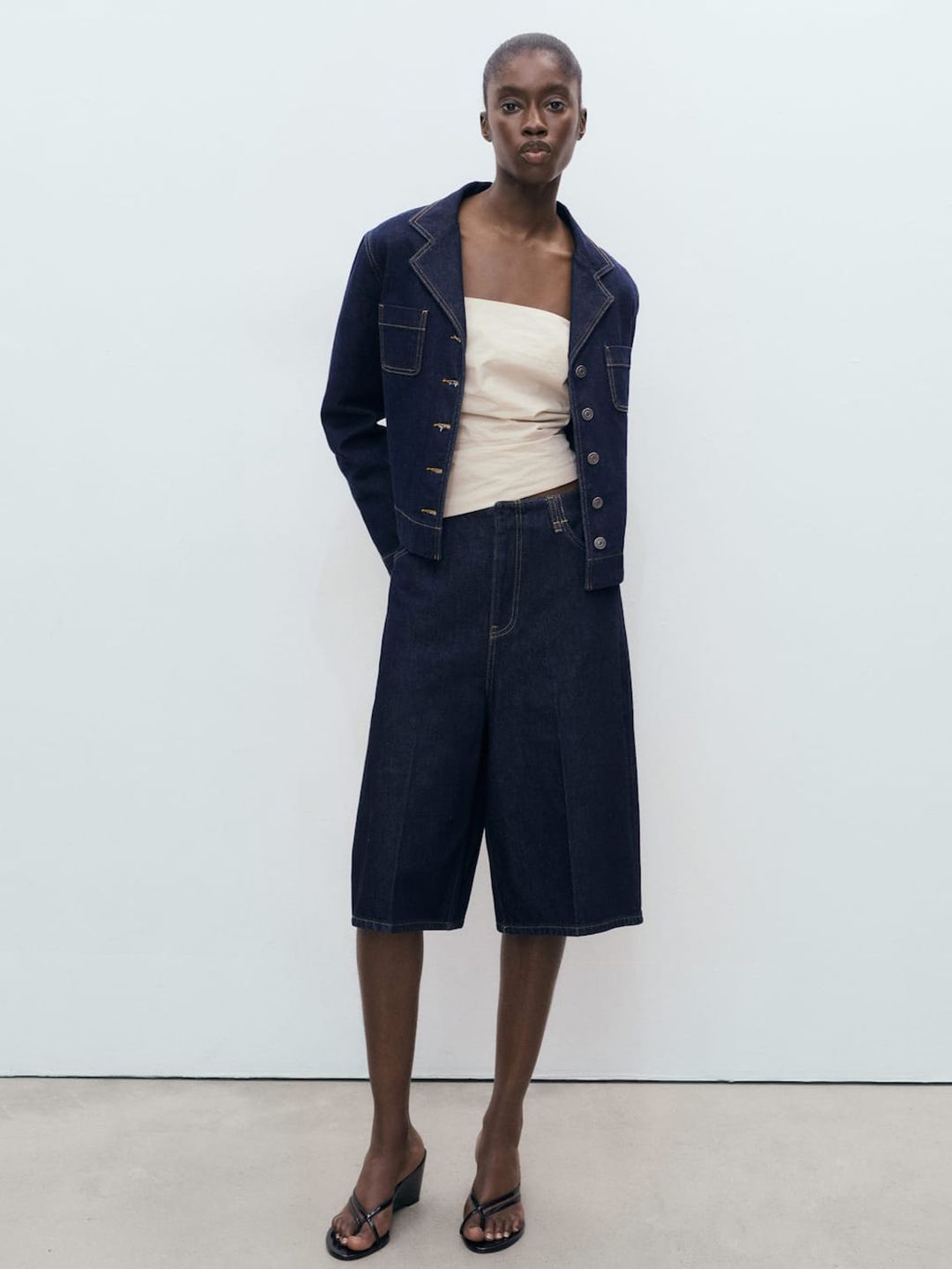 High-Rise Denim Bermudas