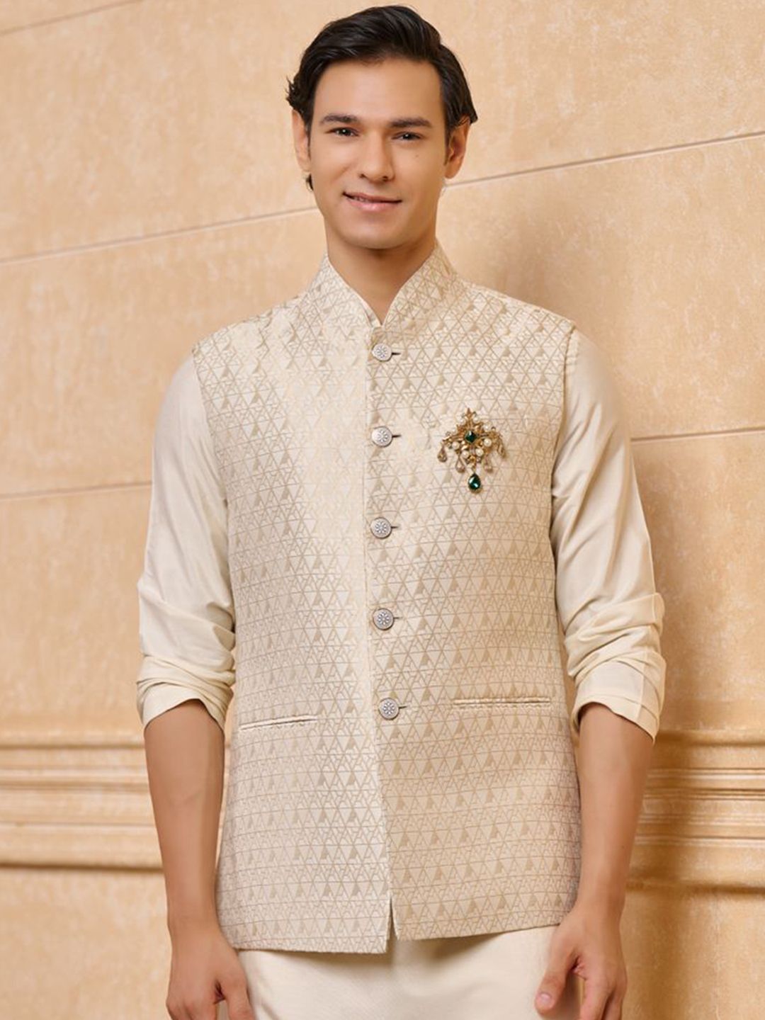 Tasva Printed Brocade Woven Nehru Jacket
