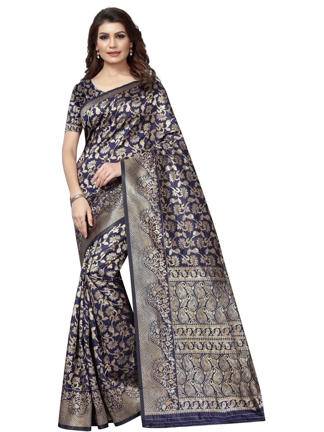 AKSH FASHION Blue Silk Blend  Sarees