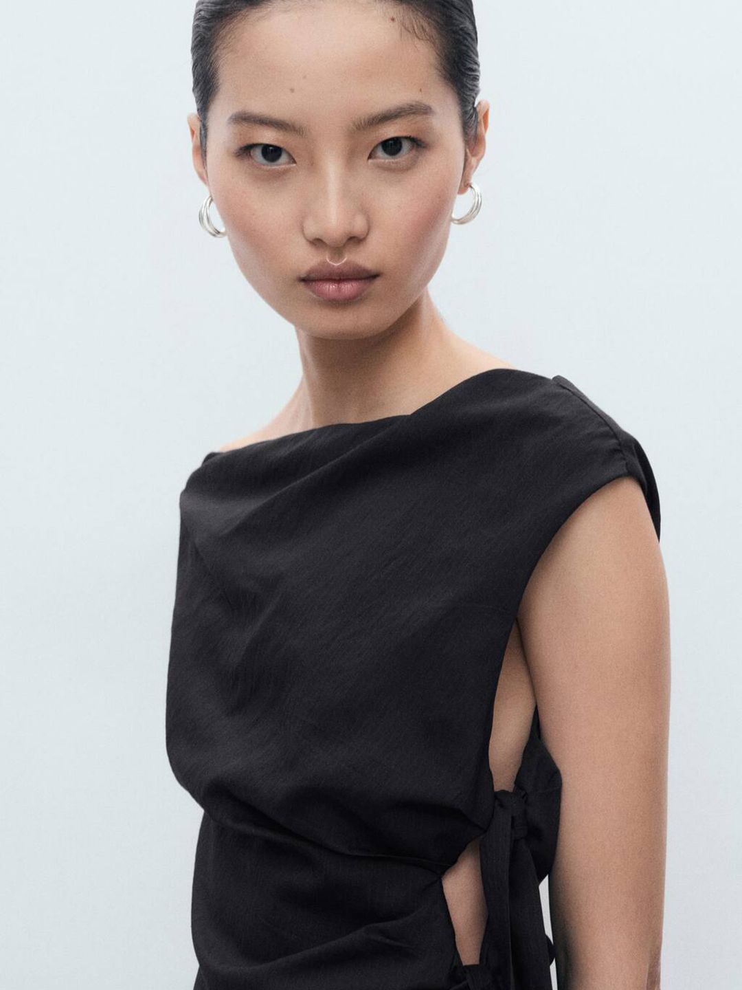 Boat Neck Side Knot A-Line Midi Dress with Slit