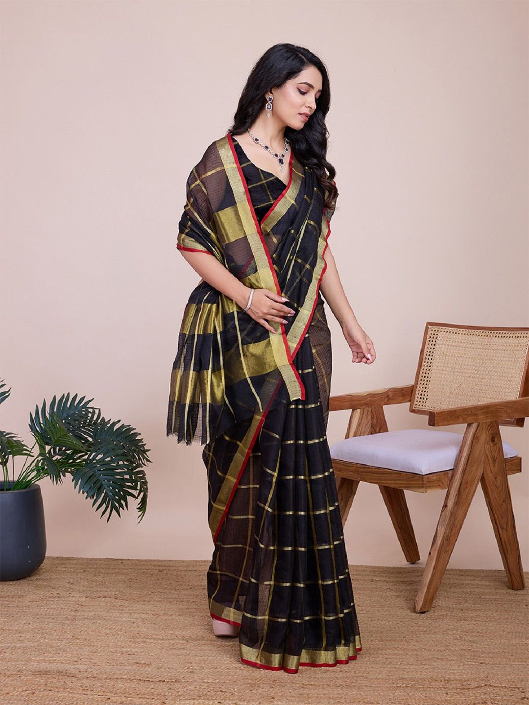 DWIJA FASHION Women Peach & Gold-Toned Woven Design Saree with Blouse Piece