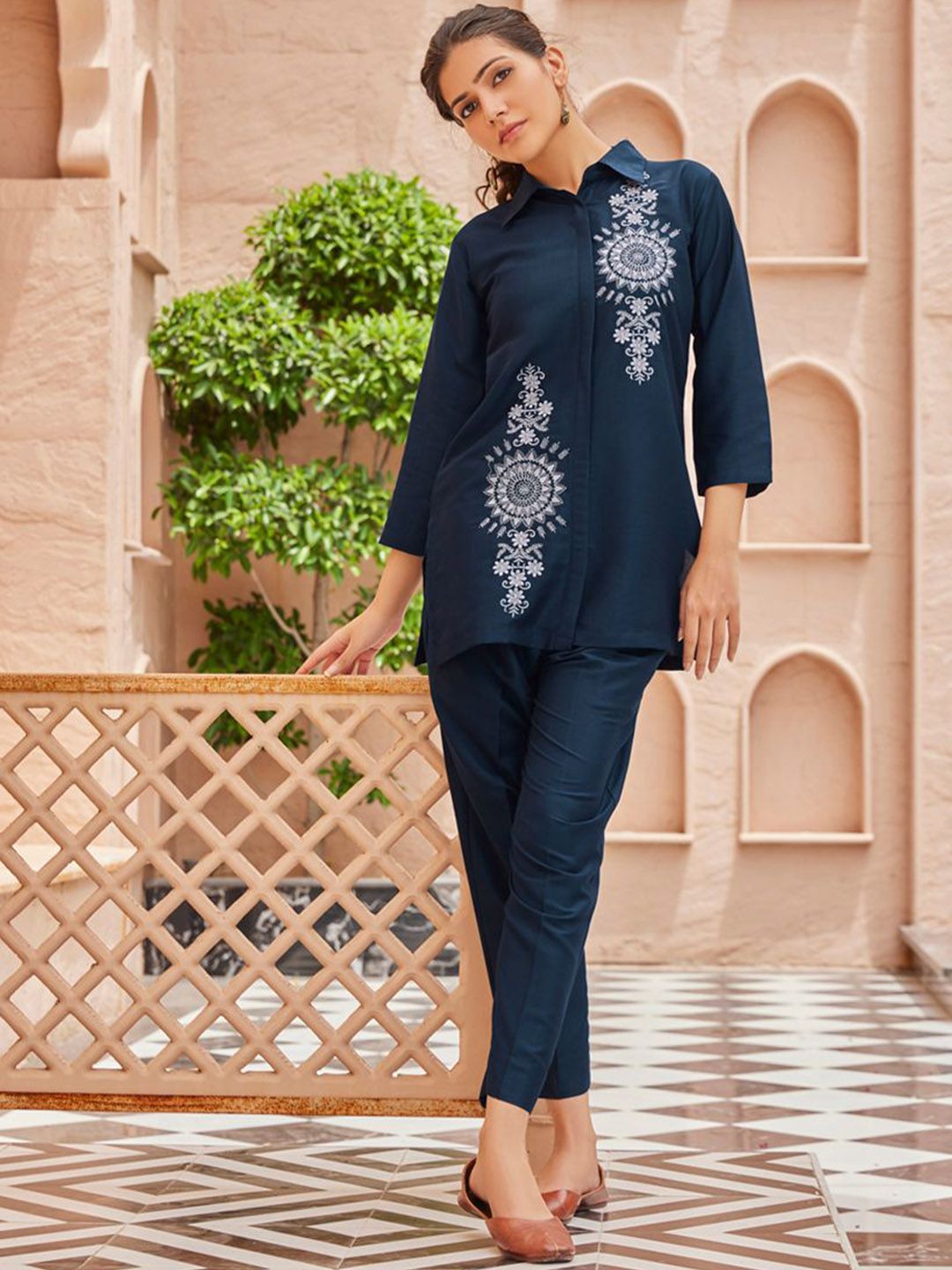 WOMEN PLUS Embroidered Shirt Collar Shirt With Trousers Co-Ords