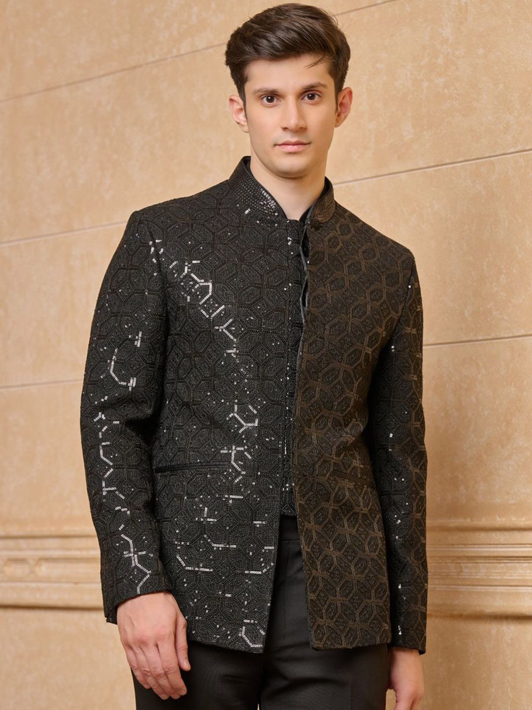 Tasva Black Georgette Embroidered Bandhgala
