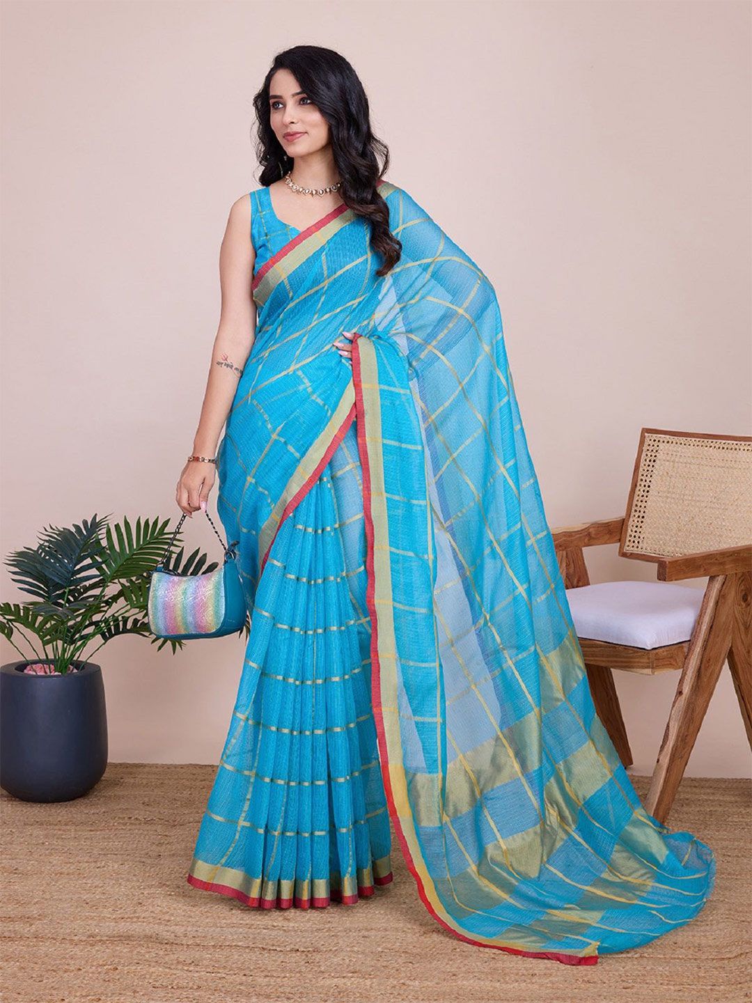 DWIJA FASHION Woven Design Organza Saree with Blouse Piece