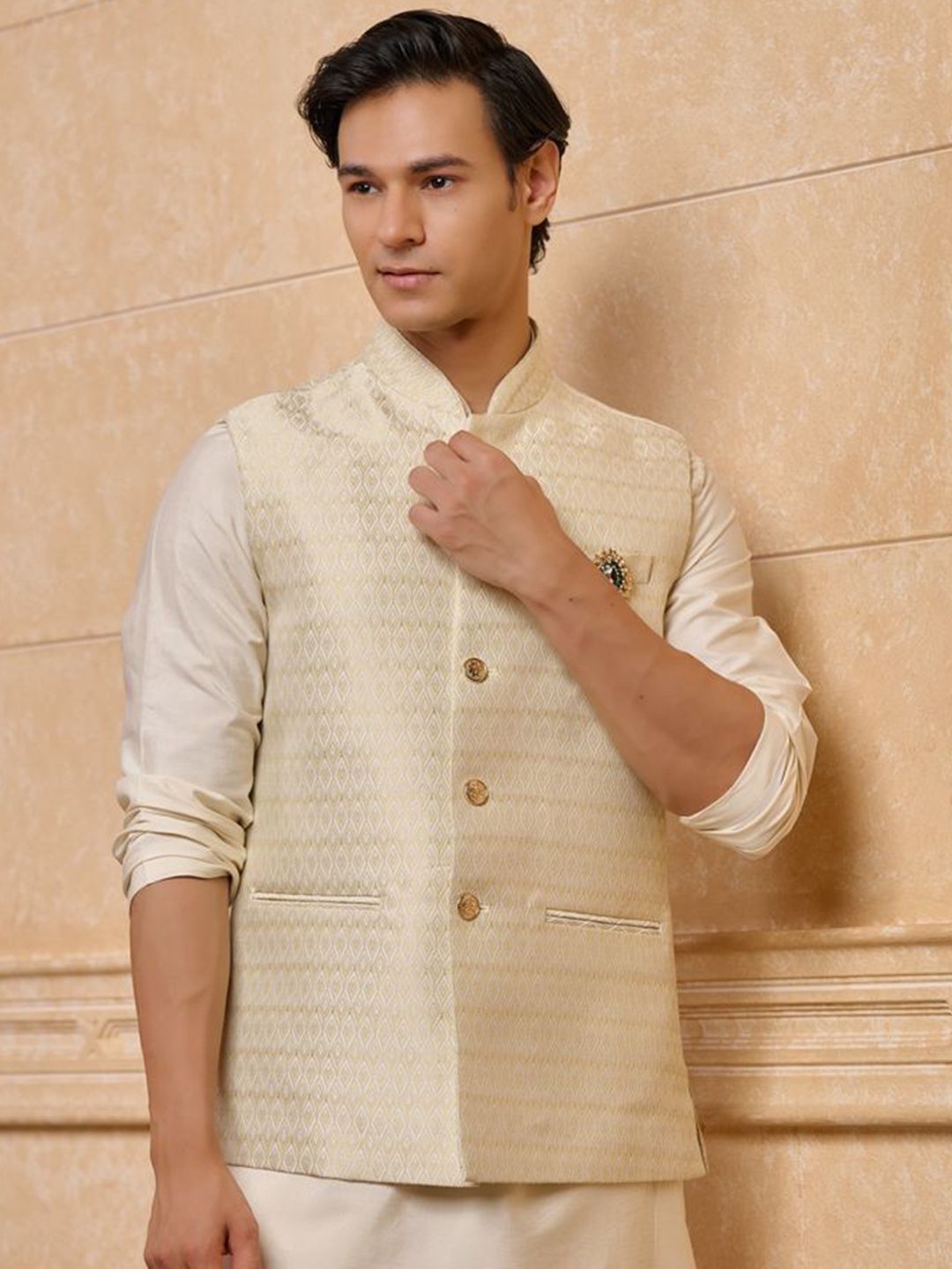 Tasva Embroidered Brocade Woven Nehru Jacket