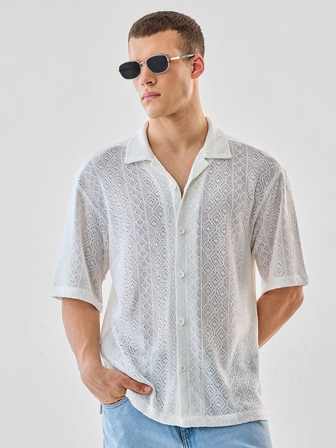 Snitch Men Boxy Fit Textured Cuban Collar Casual Shirt