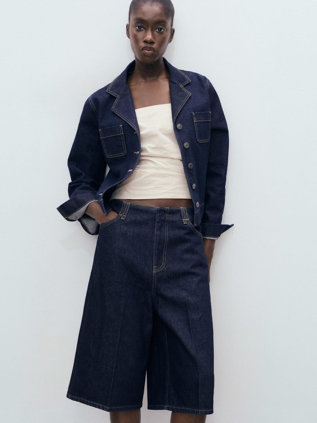 High-Rise Denim Bermudas