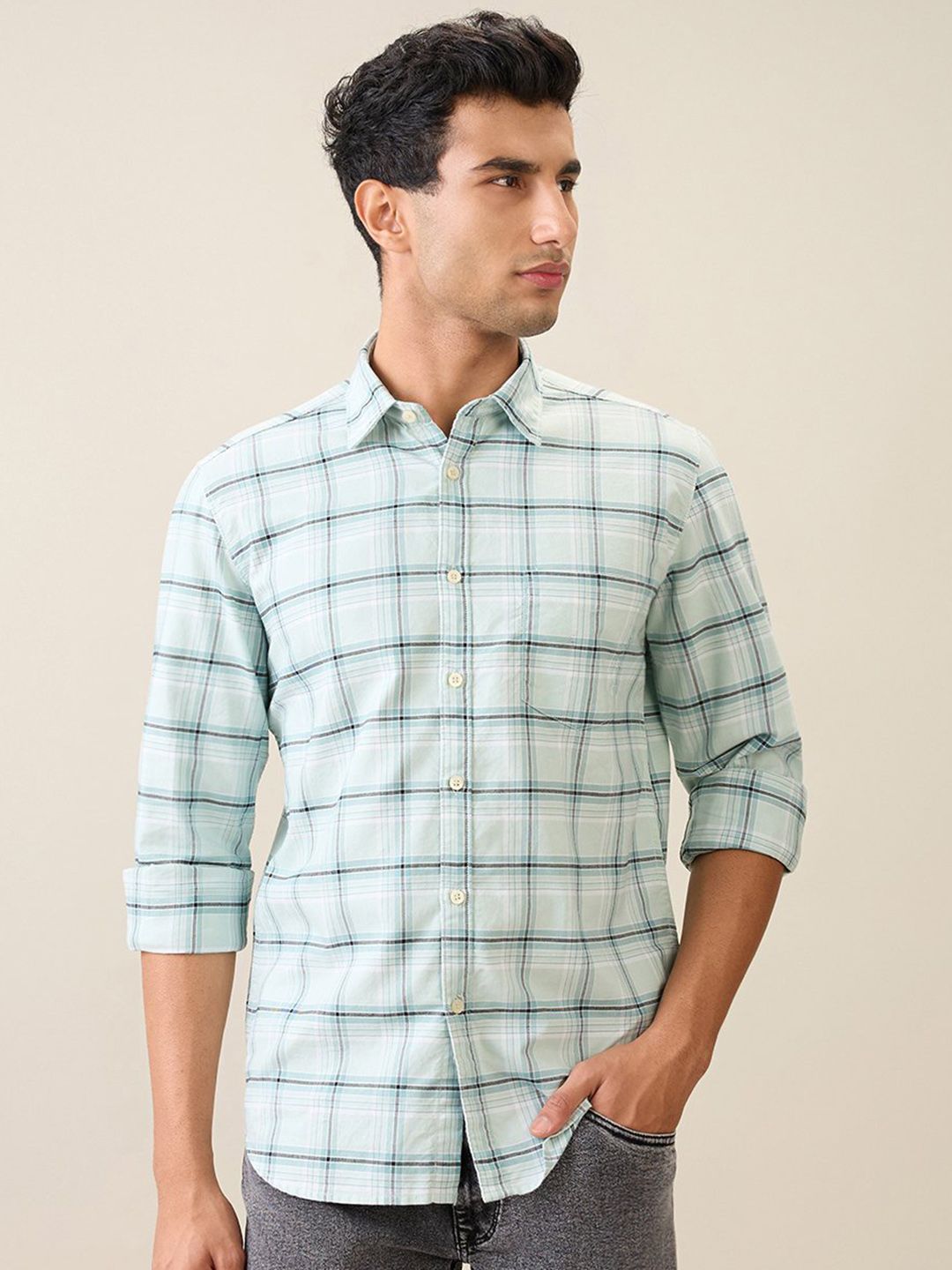 Parx Men Slim Fit Windowpane Checks Checked Pure Cotton Casual Shirt