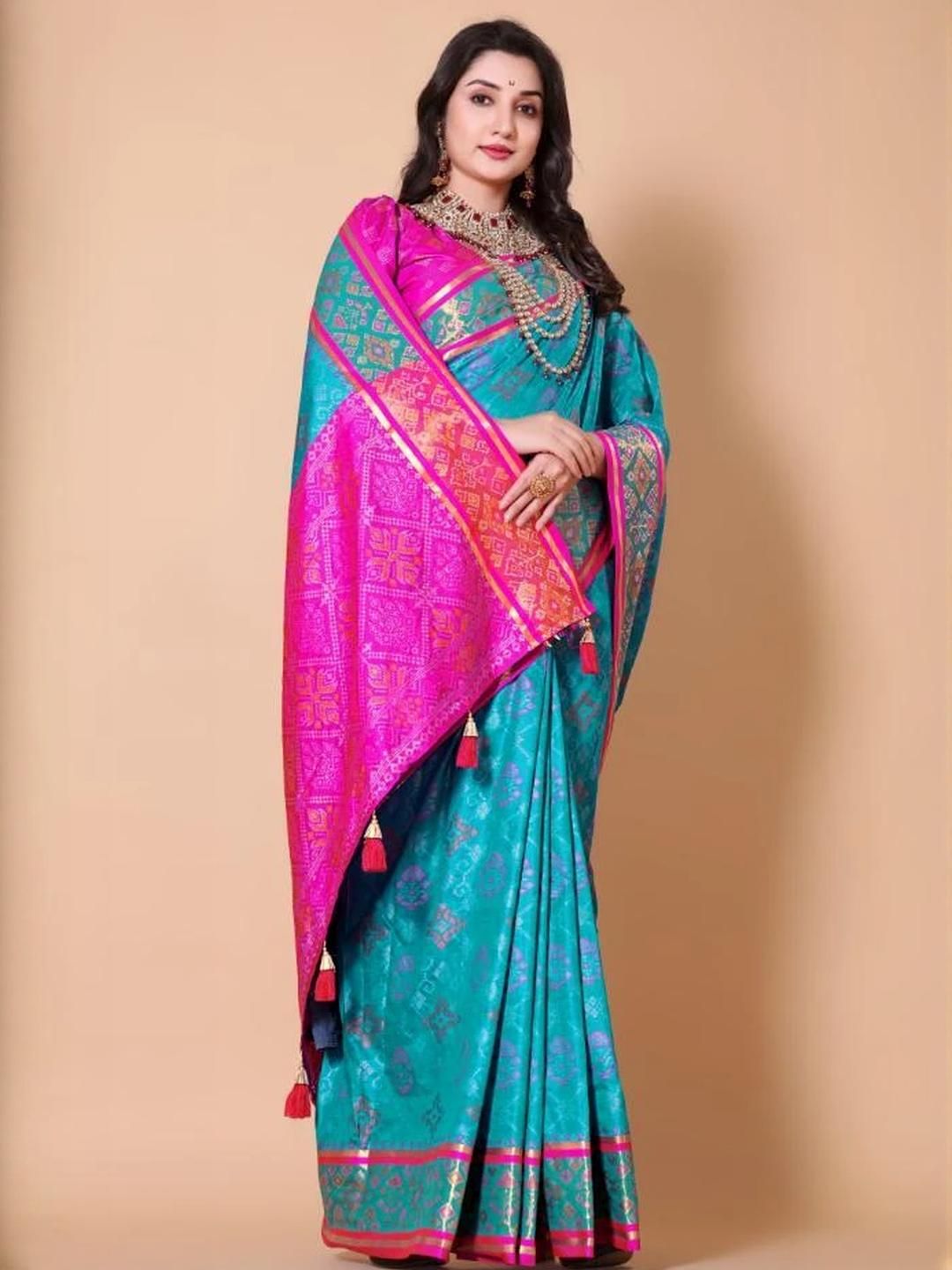 AKSH FASHION Blue Silk Blend  Sarees
