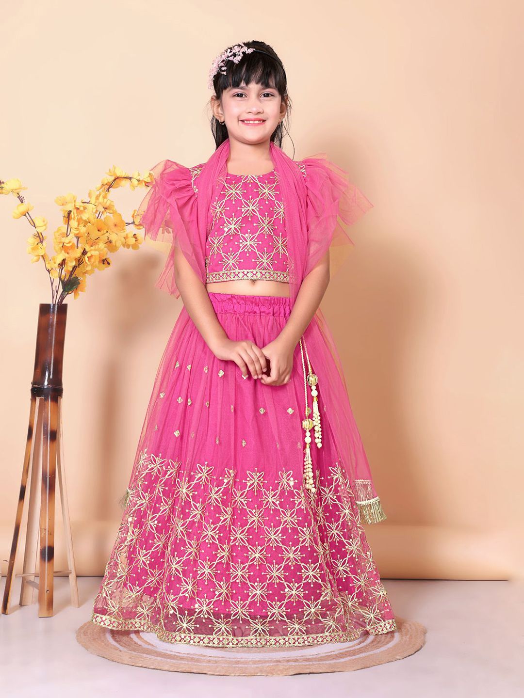 BAESD Girls Embroidered Thread Work Ready To Wear Net Lehenga & Blouse With Dupatta