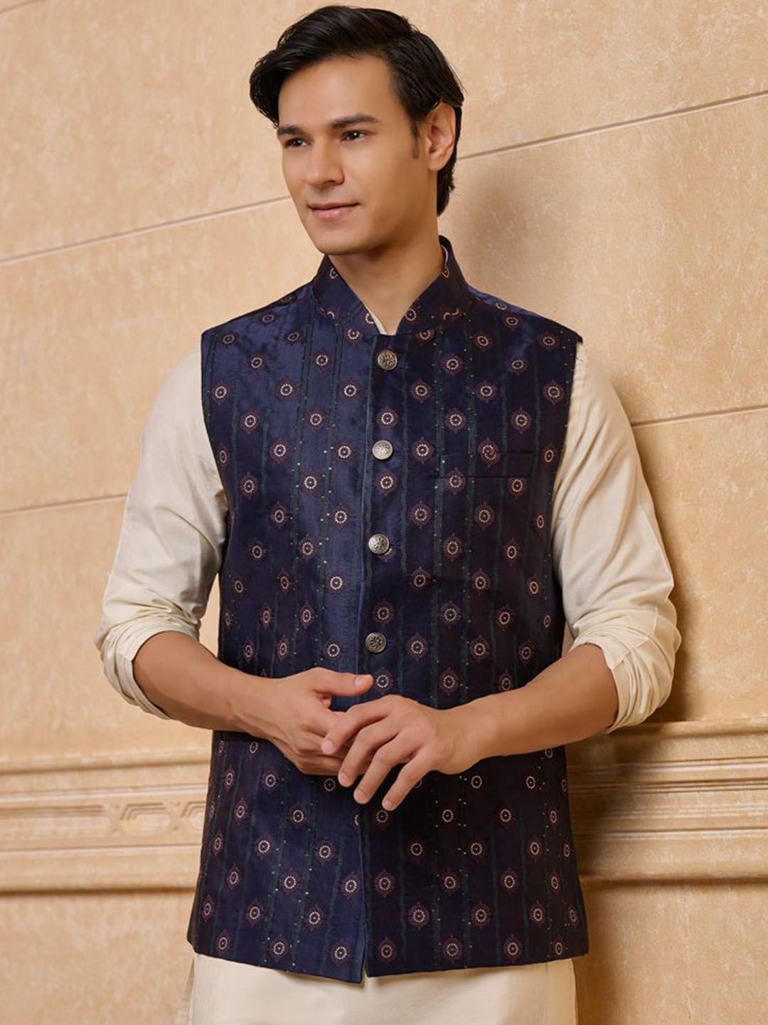 Tasva Printed Jacquard Woven Nehru Jacket