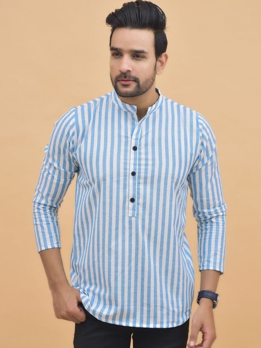Anouk Rustic Striped Mandarin Collar Cotton Straight Kurta