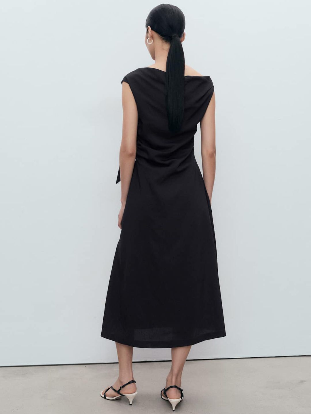 Boat Neck Side Knot A-Line Midi Dress with Slit